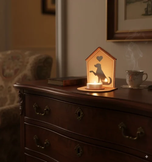 Generated Image August 31, 2025 - 7_42PM_result Kutyaház formájú kutya emlékőrző mécsestartó egy komódon elhelyezve, a kivágott sziluetten átszűrődő teamécses fénnyel.
