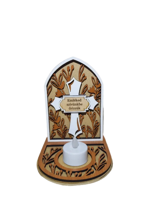 -első-2A_result Kereszt alakú emlékőrző mécsestartó fehér LED-es mécsessel.