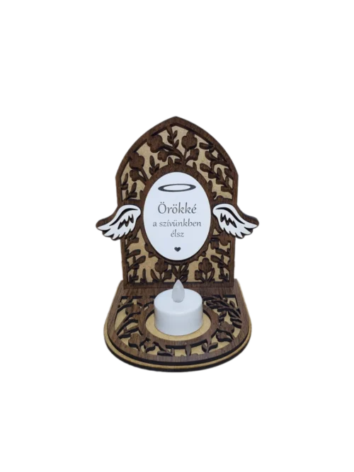 angyalszárnyas kegyeleti mécsestartó, benne egy ledes teamécsessel.