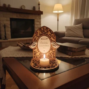 Egy dohányzóasztalon elhelyezett angyalszárnyas kegyeleti mécsestartó, amelyben pislákol egy gyertya, a háttérben egy nappali látható.