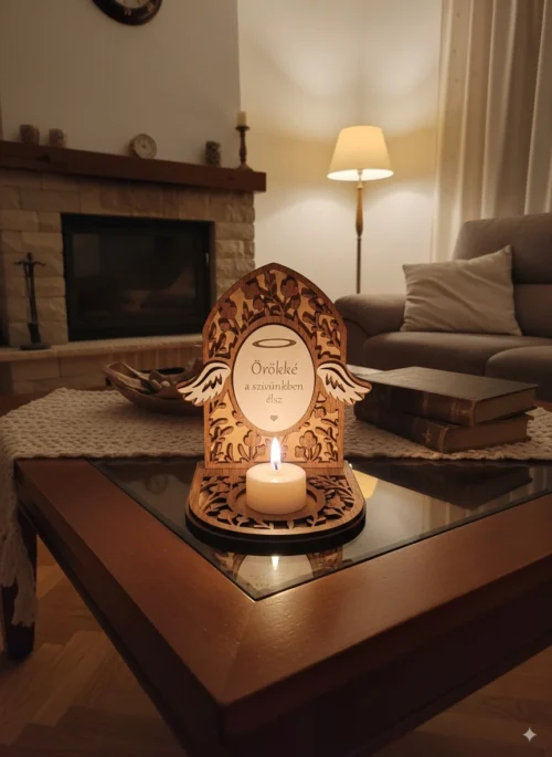 Egy dohányzóasztalon elhelyezett angyalszárnyas kegyeleti mécsestartó, amelyben pislákol egy gyertya, a háttérben egy nappali látható.