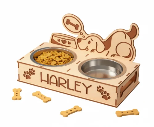 kutyus 2 nincs hátter_eredmény Álmodozó kutyusos etetőtál névre szóló gravírozással és két rozsdamentes acél tállal, fehér háttér előtt.