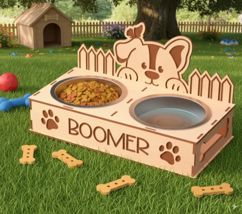 kutyus tál 1 szép környezetbe_eredmény Kukucskáló kutyusos etetőtál a "Boomer" névvel gravírozva, egy zöld pázsiton, háttérben egy kutyaházzal.