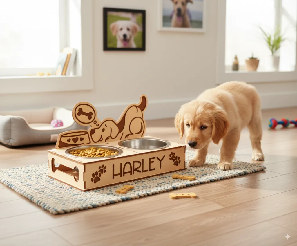 Golden retriever kiskutya egy álmodozó kutyusos etetőtál mellett, amire a "Harley" név van gravírozva.