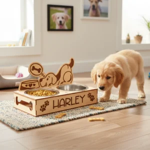 Golden retriever kiskutya egy álmodozó kutyusos etetőtál mellett, amire a "Harley" név van gravírozva.