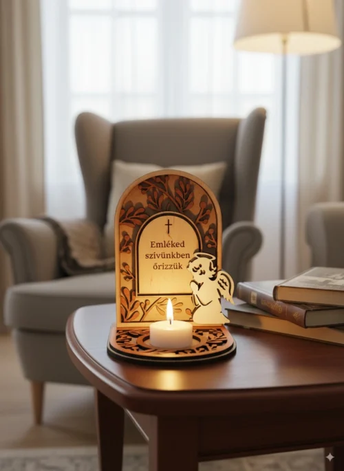 Halottak napi dekoráció angyallal és beépített kegyeleti mécsestartóval.