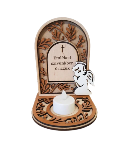 Halottak napi dekoráció "Emléked szívünkben őrizzük" felirattal Gyertyával