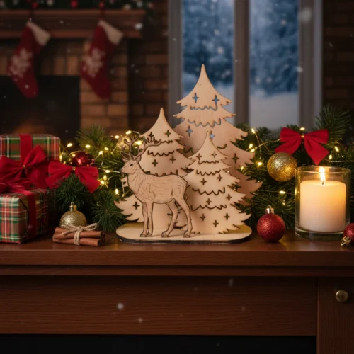 Fából készült, 3D hatású szarvasos karácsonyi asztaldísz, amely egy szarvast ábrázol egy fenyőerdőben. Ünnepi környezetben