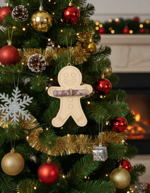 Vicces pénzátadó mézeskalács figura formában, egy feldíszített karácsonyfán, közepén egy összetekert bankjeggyel.