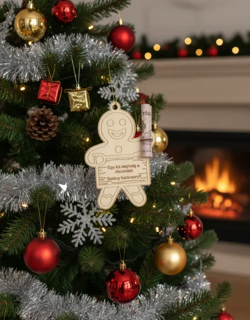 1Fán_result Mézeskalács figura alakú karácsonyi pénzátadó egy feldíszített karácsonyfán, kezében egy összetekert bankjeggyel.