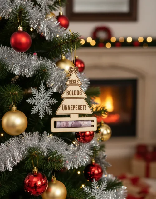 1Fán_result Fenyőfa alakú karácsonyi pénzátadó egy feldíszített karácsonyfán, benne egy összetekert bankjeggyel.