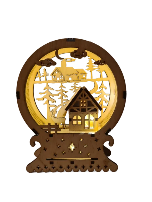 3_attr1_subject_result Világító karácsonyi asztaldísz meleg fénnyel, amely egy erdei házikót és egy szarvast ábrázol