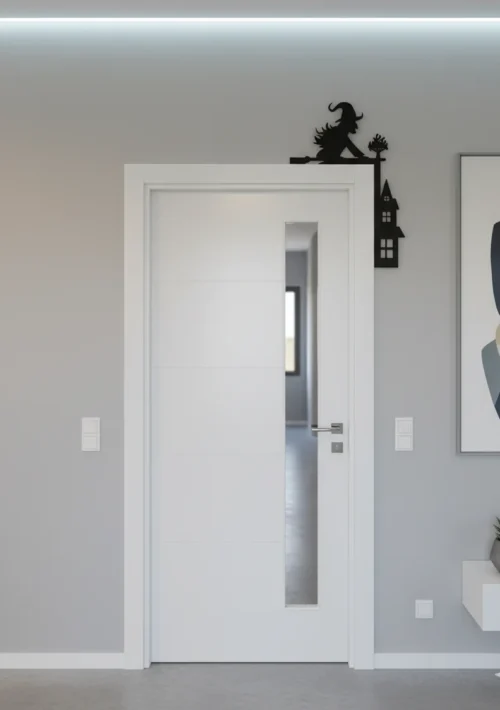 Boszi ajtós_result Modern halloweeni dekoráció egy ajtó felett, amely egy seprűn repülő boszorkányt formáz.