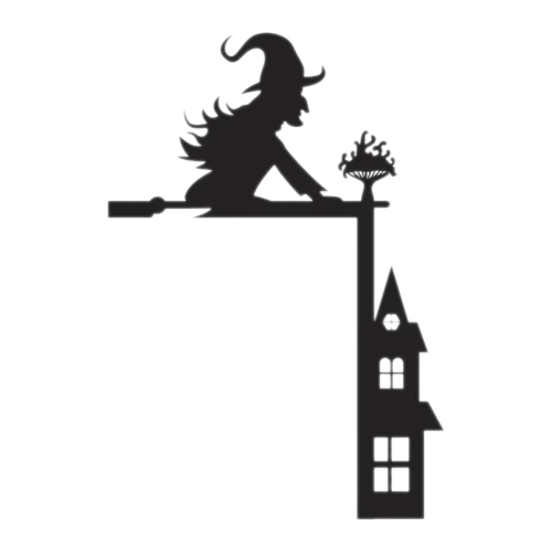 Boszi_result Modern halloweeni dekoráció egy ajtó felett, amely egy seprűn repülő boszorkányt formáz. Háttér nélkül