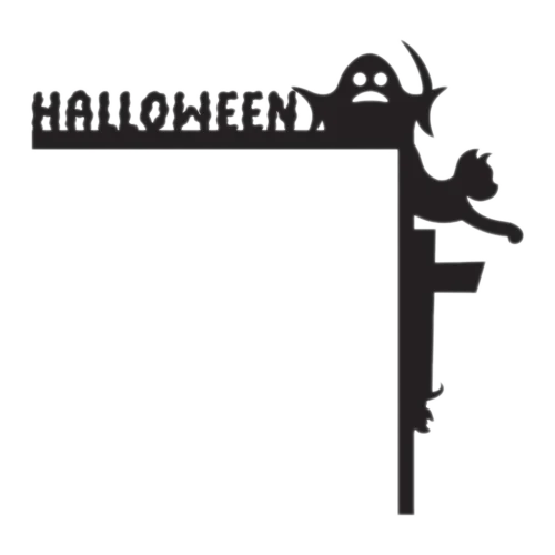 Halloween_result Fekete "HALLOWEEN" feliratú sarokdísz egy ajtókereten, egy macskával és egy szellemmel. Keret nélkül