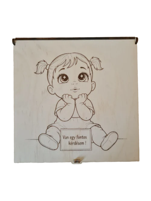 Fából készült keresztszülő felkérő doboz teteje, kislány figurával gravírozva, "Van egy fontos kérdésem!" felirattal.