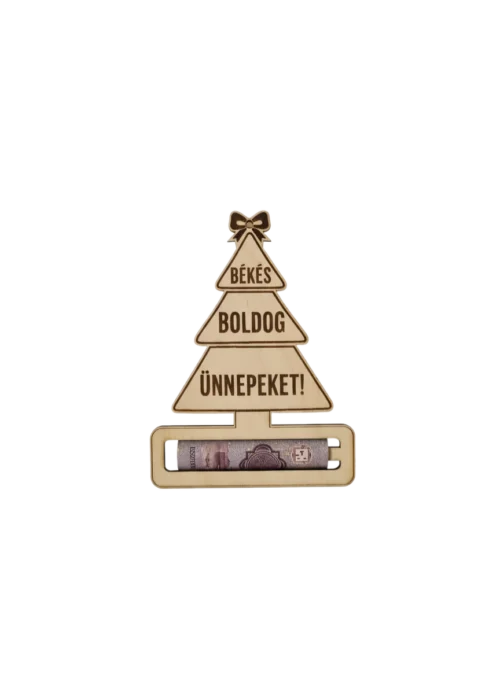 No Background_result Fából készült karácsonyi pénzátadó dísz "Békés Boldog Ünnepeket!" felirattal.