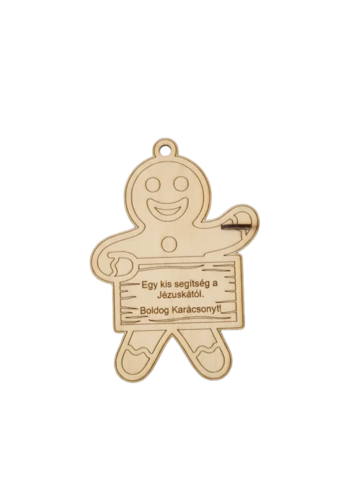 No Bg item_result Mézeskalács alakú karácsonyi pénzátadó dísz "Egy kis segítség a Jézuskától" felirattal.