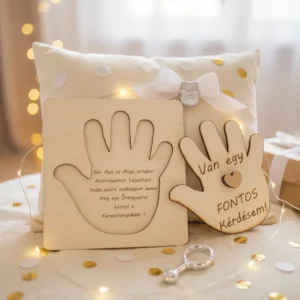 Stock Egyedi keresztszülő felkérő ajándék egy elegáns, ünnepi környezetben, párnán elhelyezve, fényekkel és csillagokkal körbevéve.