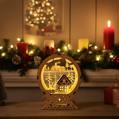 Stock_result Világító karácsonyi asztaldísz egy kandallópárkányon, ünnepi dekorációk és gyertyák mellett.