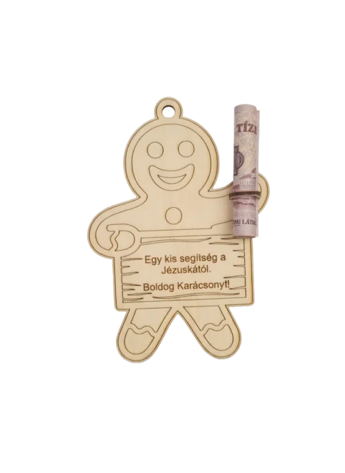 download_result Fából készült karácsonyi pénzátadó dísz mézeskalács formában, egy összetekert bankjeggyel a kezében, háttér nélkül.