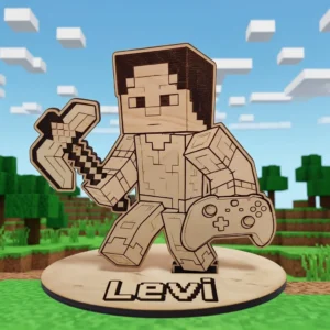 stock_eredmény Névre szóló Minecraft ajándék, egy fa figura a "Levi" névvel gravírozva, pixeles játék-háttér előtt.