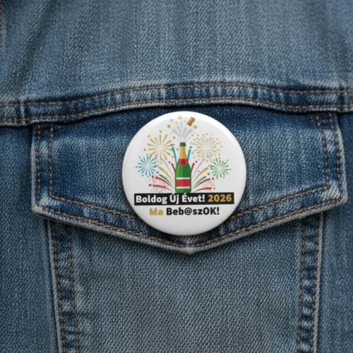 2026-Szilveszter-kabáton Vicces "Ma Beb@szOK!" feliratú szilveszteri kitűző egy farmer kabátra tűzve.