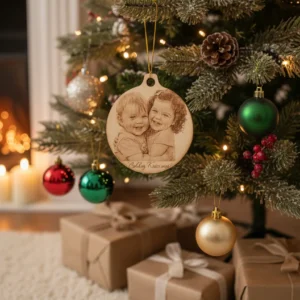 Stock Fényképes karácsonyfadísz egy ünnepi fán lógva, a háttérben fényekkel.