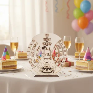 Szülinapi-stock Születésnapi öröknaptár egy ünnepi asztalon, tortaszeletek és pezsgőspoharak mellett.