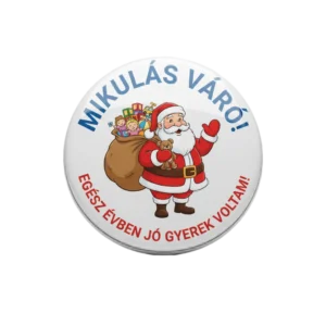 stock1 Klasszikus, integető Mikulás grafika "Mikulás Váró! Egész évben jó gyerek voltam!" felirattal, ami a mikulásváró kitűző mintája.