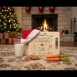 tálca Mikulásváró tálca egy szőnyegen, a háttérben karácsonyfa és kandalló, rajta egy mikulássapkával.