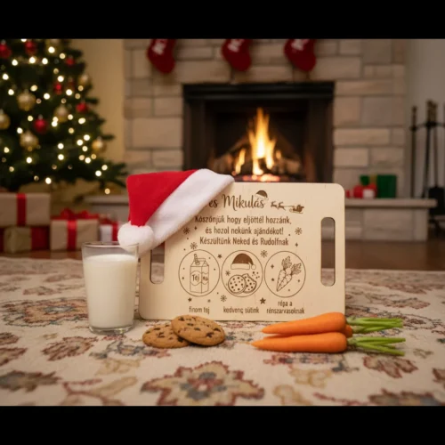 tálca Mikulásváró tálca egy szőnyegen, a háttérben karácsonyfa és kandalló, rajta egy mikulássapkával.