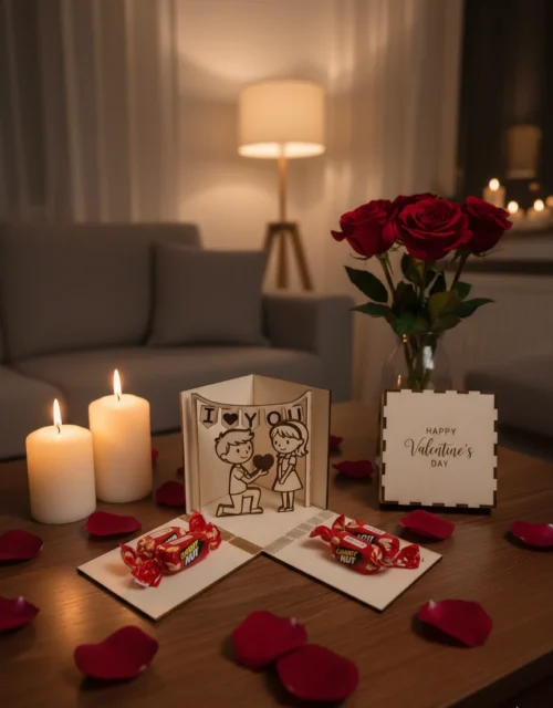 Valentin doboz-elölről-1 Valentin-napi gravírozott ajándékdoboz nyitva, látható a doboz tető is, ünnepi asztalon