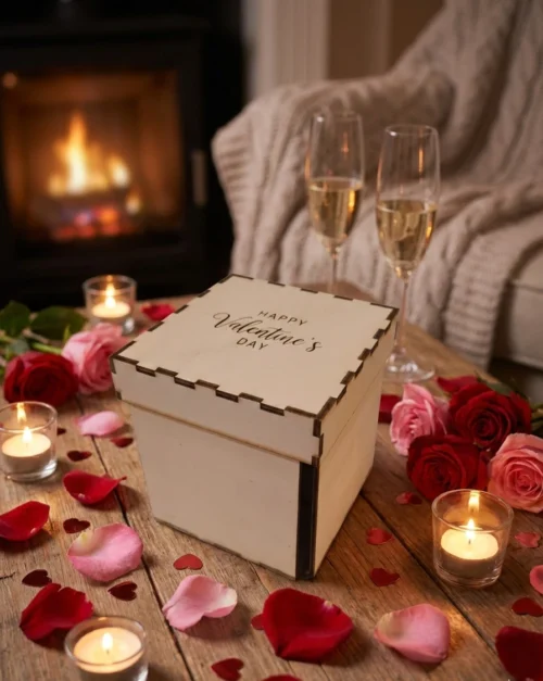 Valentin doboz-elölről-2 Valentin-napi gravírozott ajándékdoboz csukva ünnepi asztalon