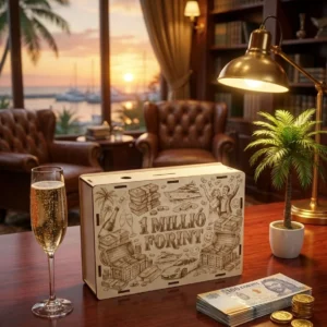 persely-2 Luxus környezetbe helyezett fa persely egy mahagóni asztalon, háttérben naplementével, pálmafákkal és egy pohár pezsgővel.