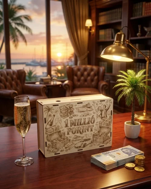 persely-2 Luxus környezetbe helyezett fa persely egy mahagóni asztalon, háttérben naplementével, pálmafákkal és egy pohár pezsgővel.