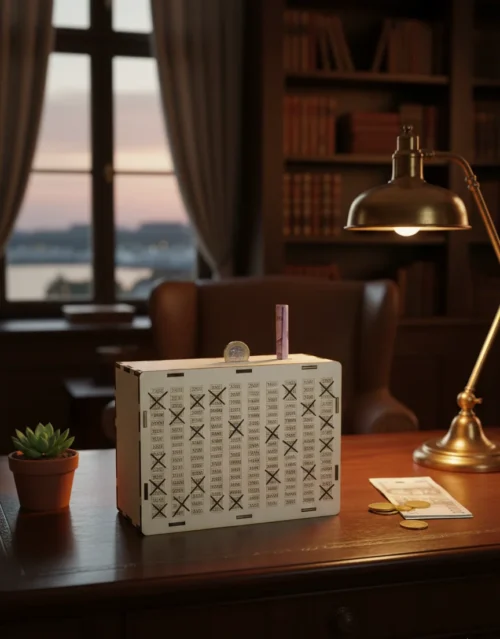 persely-3 Motivációs termékfotó a fa perselyről, ahol a számhálón fekete X-ek jelzik a már megtakarított összegeket egy hangulatos irodai környezetben.