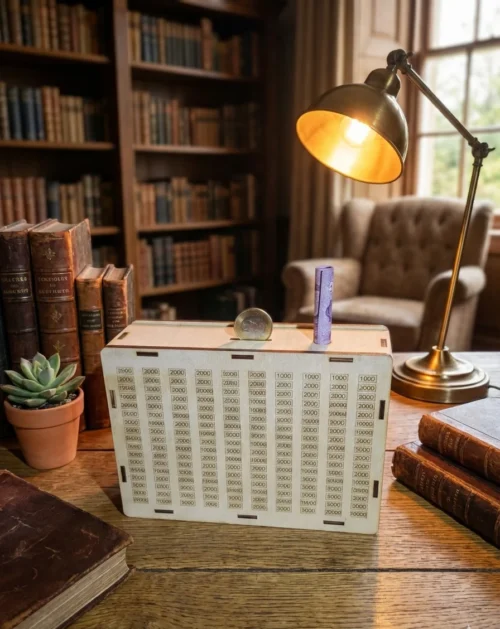 persely Elegáns termékfotó egy fa perselyről egy klasszikus könyvtárszobában, antik könyvek és egy stílusos íróasztali lámpa mellett.