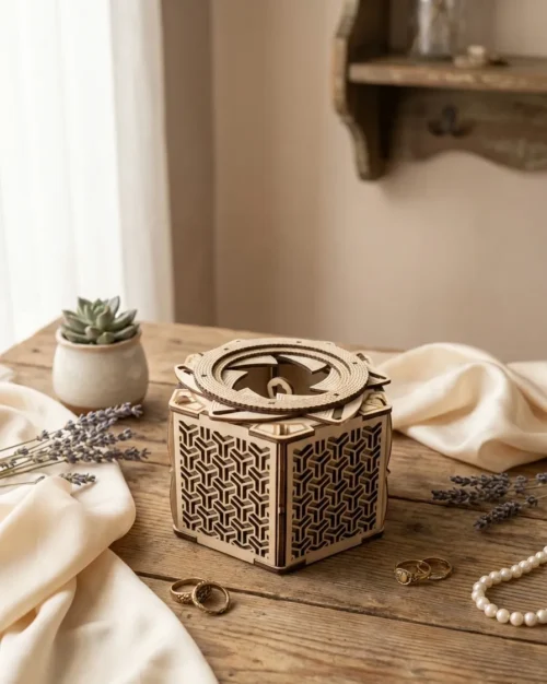 írisz doboz szép fa asztalon