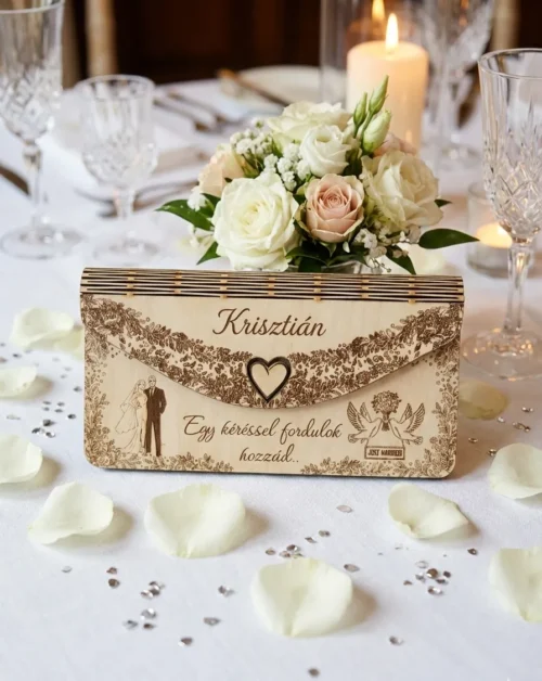 Esküvői tanúfelkérő díszes gravírozott fa boríték ünnepi asztalon becsukva.