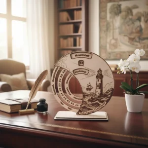 Öröknaptár igényes asztalon fa nyugdíjas búcsúztató öröknaptár elegáns asztalon.