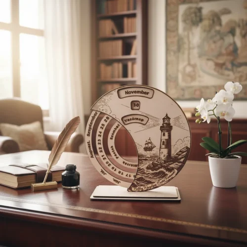 Öröknaptár igényes asztalon fa nyugdíjas búcsúztató öröknaptár elegáns asztalon.