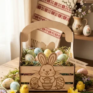 Tojásgyűjtő kosár Ünnepi asztalon Húsvéti tojásgyűjtő kosár ünnepi asztalon
