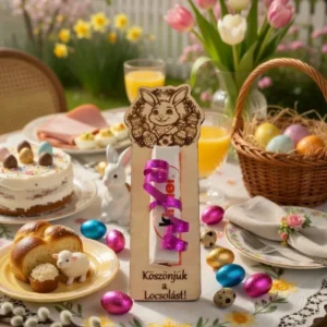 nyuszis locsoló ajándék csokival ünnepi asztalon nyuszis locsoló ajándék csokival ünnepi asztalon.