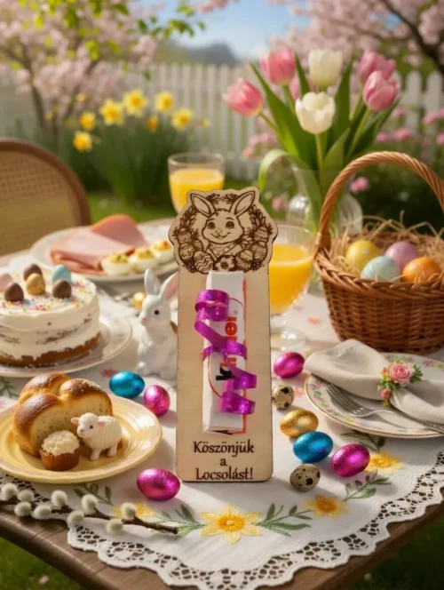 nyuszis locsoló ajándék csokival ünnepi asztalon.