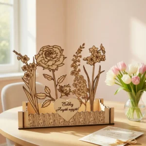 anyák napi virágoskert asztali dísz , Boldog Anyák napját feliratos gravírozott szívvel