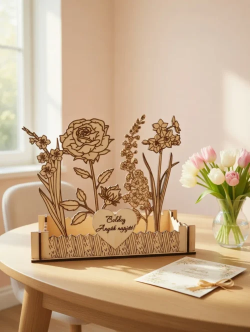 anyák napi virágoskert asztali dísz , Boldog Anyák napját feliratos gravírozott szívvel