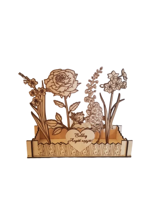 Személyre szabható fa virágoskert dekoráció lézergravírozott virágokkal és kerítéssel