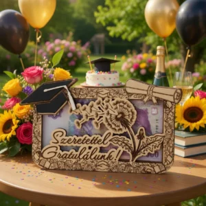 Pitypangos ballagási pénzátadó ajándék ünnepi környezetben lufikkal és tortával