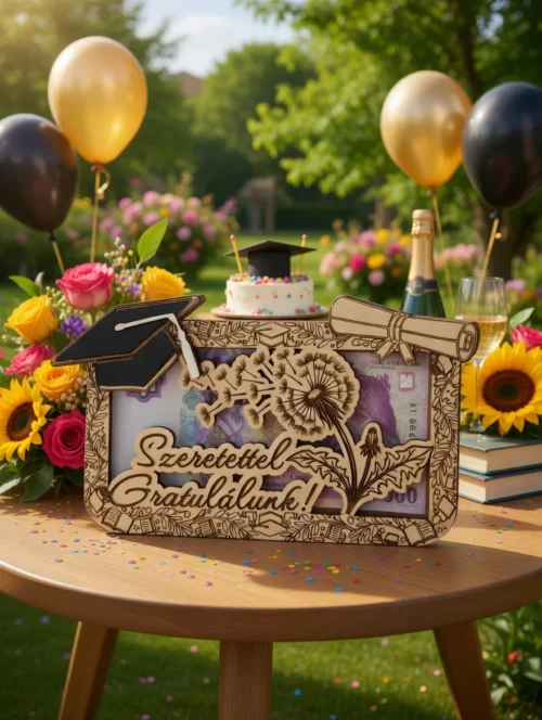 Pitypangos ballagási pénzátadó ajándék ünnepi környezetben lufikkal és tortával